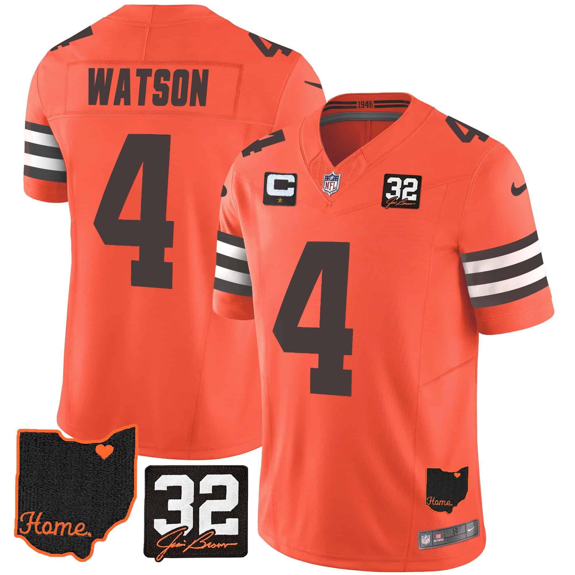 Men Cleveland Browns #4 Watson Orange Memorial Home Patch 2024 Nike NFL Jersey